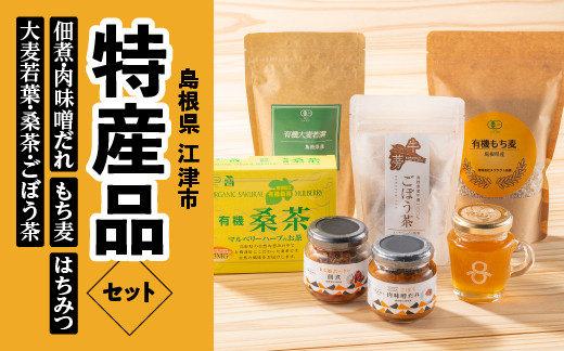 
            江津 特産品（ごぼう肉味噌だれ・佃煮セット・はちみつ・精麦・有機大麦若葉粉末・有機桑葉・ごぼう茶） セット【AK-26】｜送料無料 国産 まる姫ポーク 豚肉 ぶた肉 肉 はちみつ 有機六条大麦 雑穀 飲料類 お茶 味噌 みそ 特産品 小分け パック 江津市｜
          