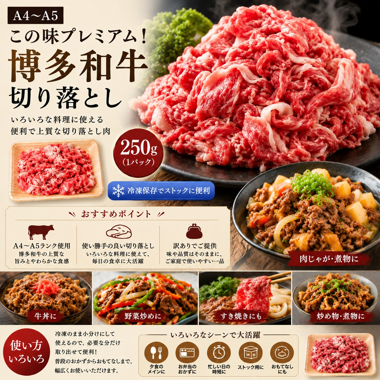 訳あり！【A4～A5】この味プレミアム！博多和牛切り落とし 250g | 牛肉 ブランド牛 国産 和牛 切落とし 福岡 博多 すき焼き しゃぶしゃぶ 肉じゃが 炒め物 CP055a