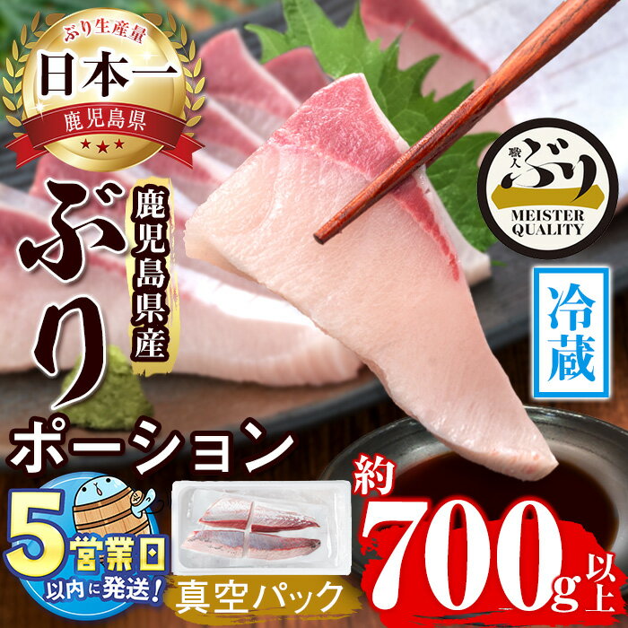 【ふるさと納税】＜すぐ届く！＞鹿児島産冷蔵ぶり刺身用 皮無ポーション(計700g以上・背側、腹側計4P)ぶり ブリ 鰤 魚 海鮮 魚介 刺身 さしみ しゃぶしゃぶ 焼魚 煮魚 ポーション 皮無し 半身 国産 鹿児島県産 垂水市産 冷蔵 養殖 ぶり職人【アクアブルー】B2-4768