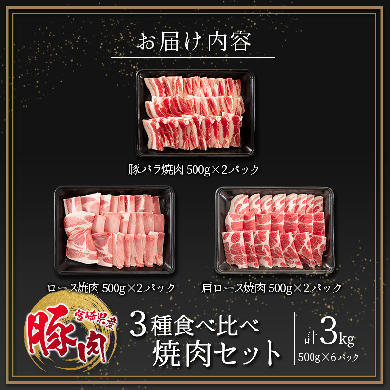 宮崎県産豚 3種 食べ比べ 焼肉 セット（500g×6パック）計3kg 国産 肉 豚肉 ご飯 おかず BBQ 焼き肉【C370-2502】_イメージ5