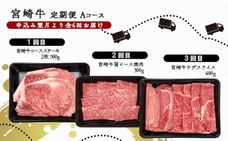 【6ヶ月定期便】宮崎牛Aコース 焼肉 すき焼き ステーキ等 ミヤチク　4等級以上　国産牛肉＜6.5-7＞