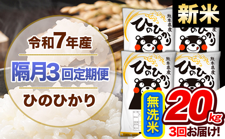【隔月3回定期便】新米 令和7年産 無洗米 定期便 ひのひかり 20kg 《お申込み翌月から出荷》 熊本県産 ふるさと納税 精米 ひの 米 こめ ふるさとのうぜい ヒノヒカリ コメ 熊本米 ひのもり