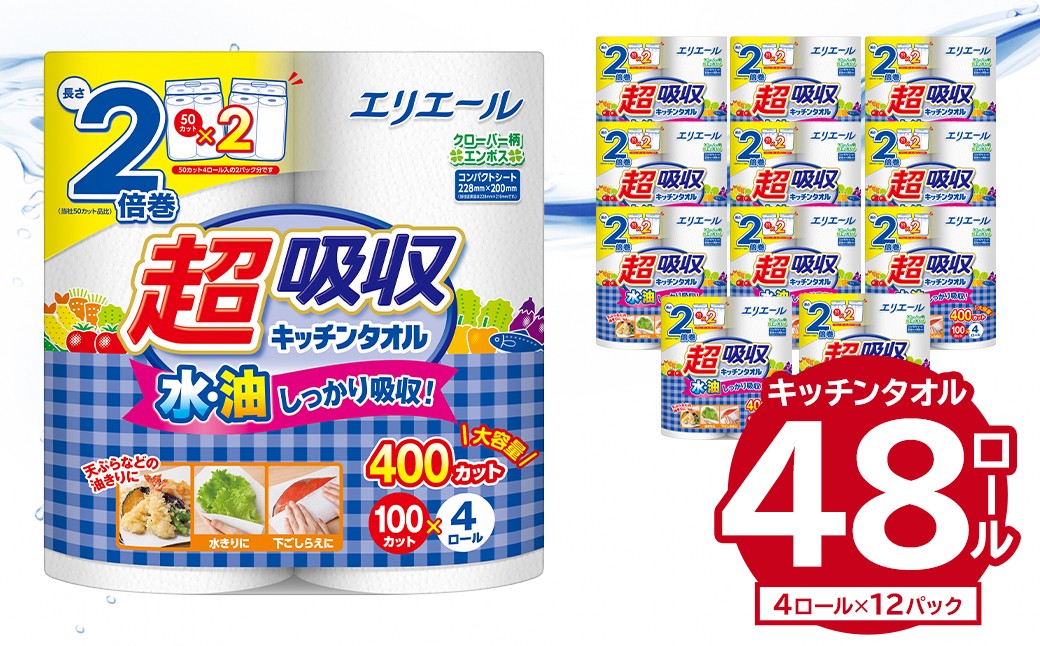 
                  エリエール超吸収キッチンタオル 4R100カット（4ロール×12パック）【キッチンペーパー ペーパータオル 超吸収 2倍巻き 消耗品 日用品 吸収 長持ち 破れにくい  生活必需品 料理 掃除 新生活 備蓄 防災 岐阜県 可児市】
                