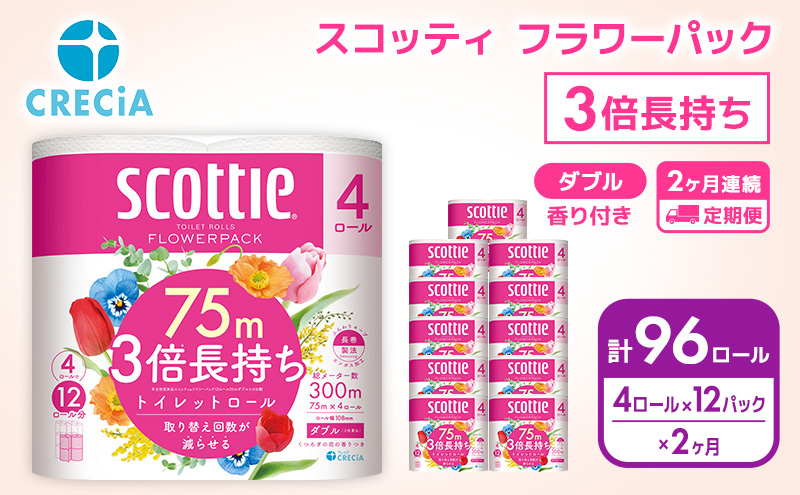 
                  【 定期便 2ヶ月 】 トイレットペーパー 【 ダブル 】 スコッティ 75m 3倍長持ち (48ロール×2回：合計96ロール) ダブル ホワイト 香り付き 日用品 防災 備蓄 消耗品 新生活 生活用品 生活雑貨 フラワーパック といれっとぺーぱー トイペ といぺ トイレ [№5704-0583]
                