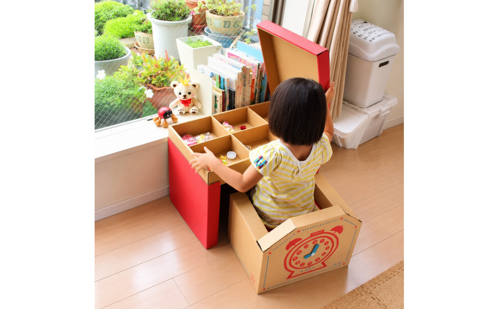 成長に合わせて使える段ボール家具　ジュニアデスクチェア&おうち型収納ボックス◇【赤色セット】