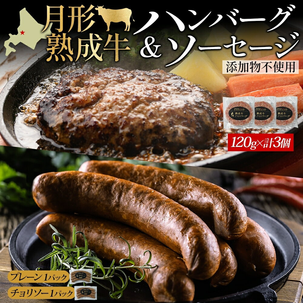 【ふるさと納税】月形熟成牛 ハンバーグ 120g × 3個 ソーセージ プレーン チョリソー 30g × 4本 各1パック 計480g 添加物不使用 セット ブランド 高級 グルメ お取り寄せ 肉汁 焼肉 鉄板焼 ギフト 【 月形町 】　お届け：2025年12月上旬より順次出荷