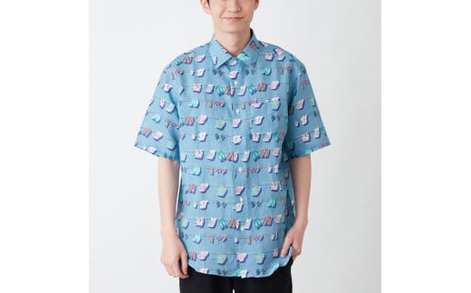 麻100％サマーランドリー柄プリント半袖シャツ M オリジナル柄 プレミアム生地 シャツ 服 清潔感 夏 旅行 リラックス リラックスタイム ギフト プレゼント 贈り物 友人 家族 東京 新宿 0139-001-S06-1