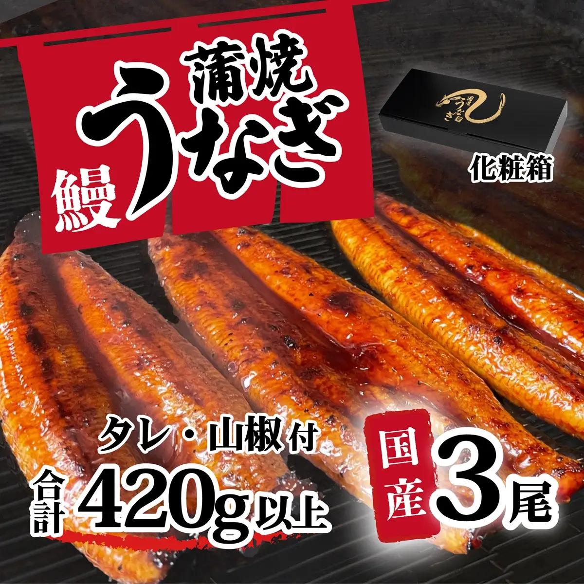 うなぎ 国産 訳あり ウなぎ 蒲焼き 3尾 420g 化粧箱 タレ山椒付き
