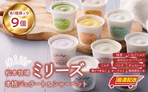 松本牧場ミリーズ 本格ジェラート（9個）全9種類 生乳 アイス カップサイズ 贅沢 ジェラート デザート スイーツ アイスクリーム 菓子 ９個 セット ミルク いちごミルク 抹茶 バニラ チョコレート 黒ゴマきなこ ヨーグルト 熟成焼き芋 みかんシャーベット 佐賀県 玄海町