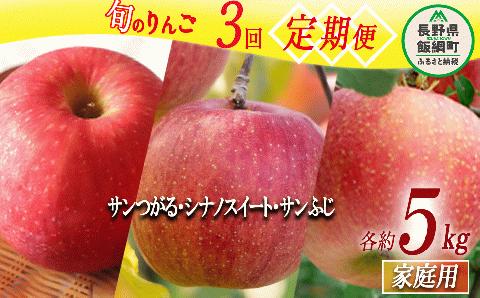 旬のりんご 【 定期便 】 家庭用 5kg × 3回 マルハ農園 沖縄配送不可 2024年9月上旬頃～2024年12月下旬頃まで順次発送 令和6年度収穫分 エコファーマー 長野県 飯綱町 [1640]