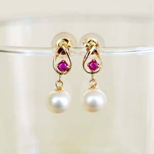 K10YG(10金) イエローゴールド パール & ルビー 揺れる シンプル スタッド ピアス  保証書付 SR-2031 242-062-a