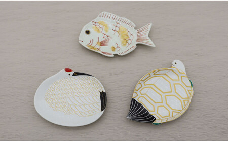 A40-251 有田焼「有田からのお福分け」縁起物の器/鯛鶴亀＆松 6点セット 幸楽窯 お正月 おせち 取り皿 小皿 豆皿 和食器 食器 深海三龍堂
