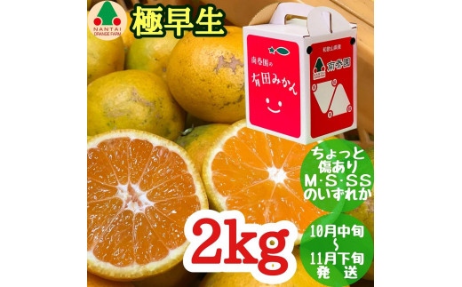 
                  ちょっと 傷あり 極早生 有田 みかん M～SS サイズ 2kg 手さげ箱 南泰園 和歌山 有田みかん
                