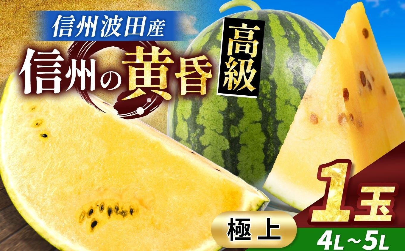 
            【先行受付：2026年7月発送】信州波田産 甘いスイカ！ 信州の黄昏 ( 金色羅皇 ) 【極上】 4L～5Lサイズ 1玉｜ふるさと納税 長野県 信州 松本 果物 フルーツ すいか スイカ 西瓜 大きい 特別 珍しい 黄色スイカ 贈答 季節限定 甘い くだもの ふるーつ
          