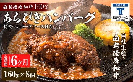 定期便 6カ月 和牛 粗びき 生 ハンバーグ 8個セット デミグラスソース付き 160ｇ×8袋 加工肉 惣菜 肉料理 白老牛 和牛 あらびきハンバーグ 北海道ふるさと納税