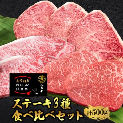 
＜ステーキ食べ比べ3種＞仙台牛サーロイン・トモサンカク・マルシン　計500g【1463137】
