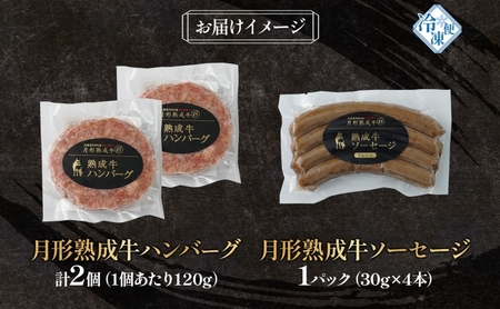 月形熟成牛 ハンバーグ 120g × 2個 ソーセージ プレーン 30g × 4本 1パック 計360g 添加物不使用 セット ブランド 高級 グルメ お取り寄せ 肉汁 焼肉 鉄板焼 ギフト 【 月形