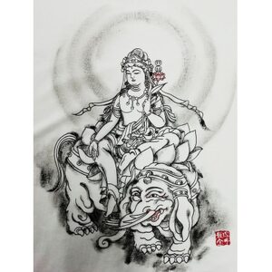 手描きTシャツ 仏画 普賢菩薩 白 (半袖 Lサイズ)【1615106】