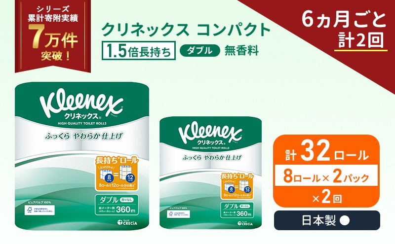 
                  定期便 トイレットペーパー ダブル クリネックス コンパクト 1.5 倍巻き 8ロール入 × 2パック 無香料 《 6ヶ月ごと 計  2回 》 [№5704-1050]
                