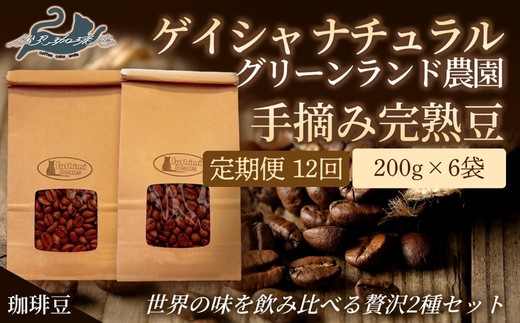 No.3292【12回定期便】世界の味飲み比べ(ｹﾞｲｼｬﾅﾁｭﾗﾙ 手摘み完熟豆)贅沢2種【豆】200g×6袋