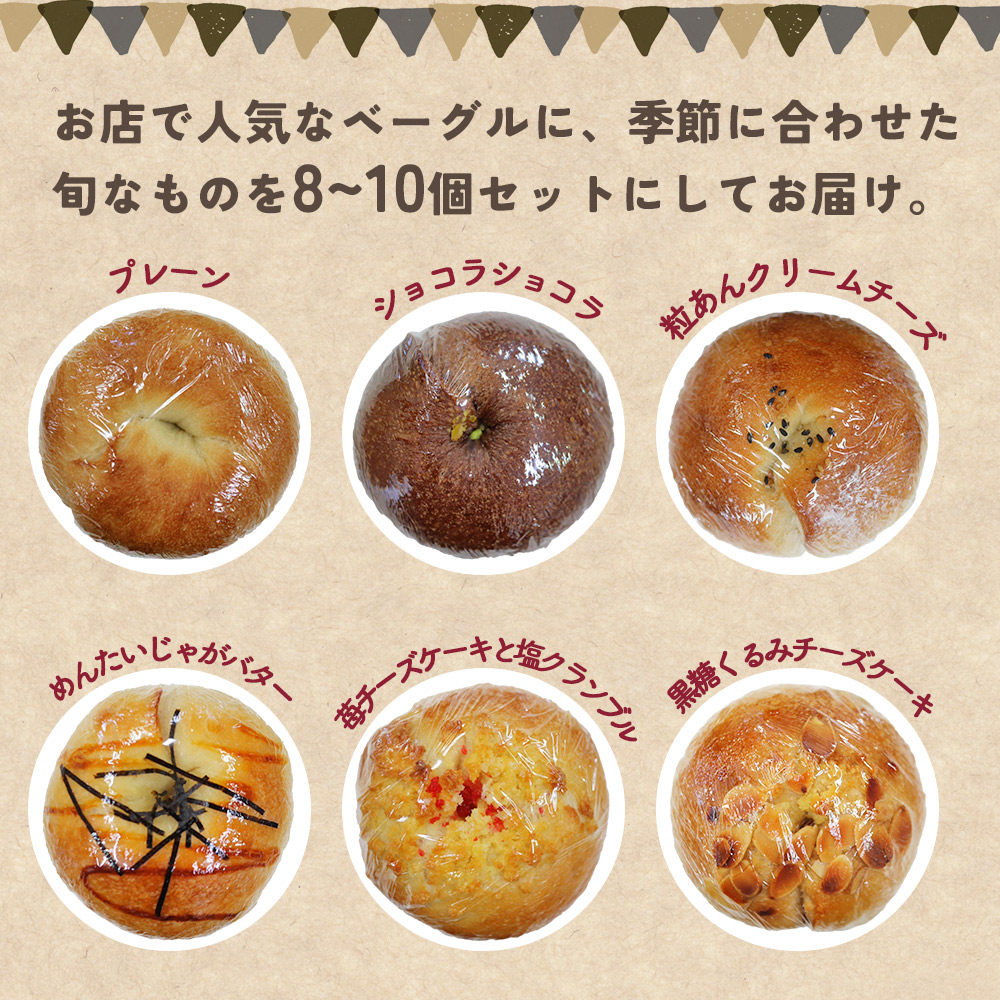 ＜季節のいろいろベーグルセット（おまかせ 8～10個）【2ヶ月定期便】＞ 国産小麦 自家製酵母 マルーンベーグル 愛媛県 西予市