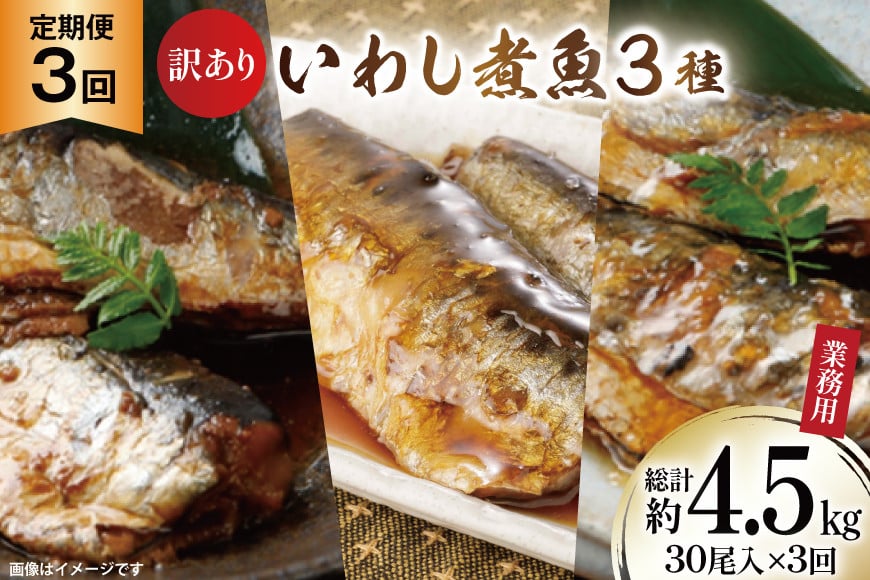 
            3回 定期便 訳あり 業務用 いわし煮魚 3種 ×10尾 計30尾入 約1.5kg ×3回 総重量 約4.5kg [カネダイ 宮城県 気仙沼市 20565563] 魚 魚介 煮魚 国産 生姜煮 梅肉煮 みぞれ煮 おかず 焼き魚 簡単 時短 訳アリ 冷凍
          