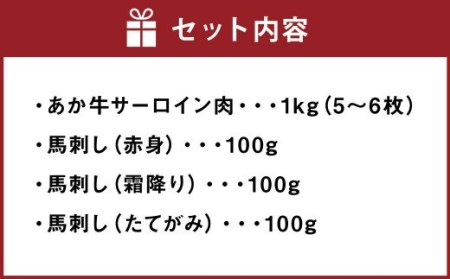 あか牛 サーロイン肉 1kg (5枚～6枚) 馬刺し 300g (赤身100g霜降り100gたてがみ100g) 食べ比べセット