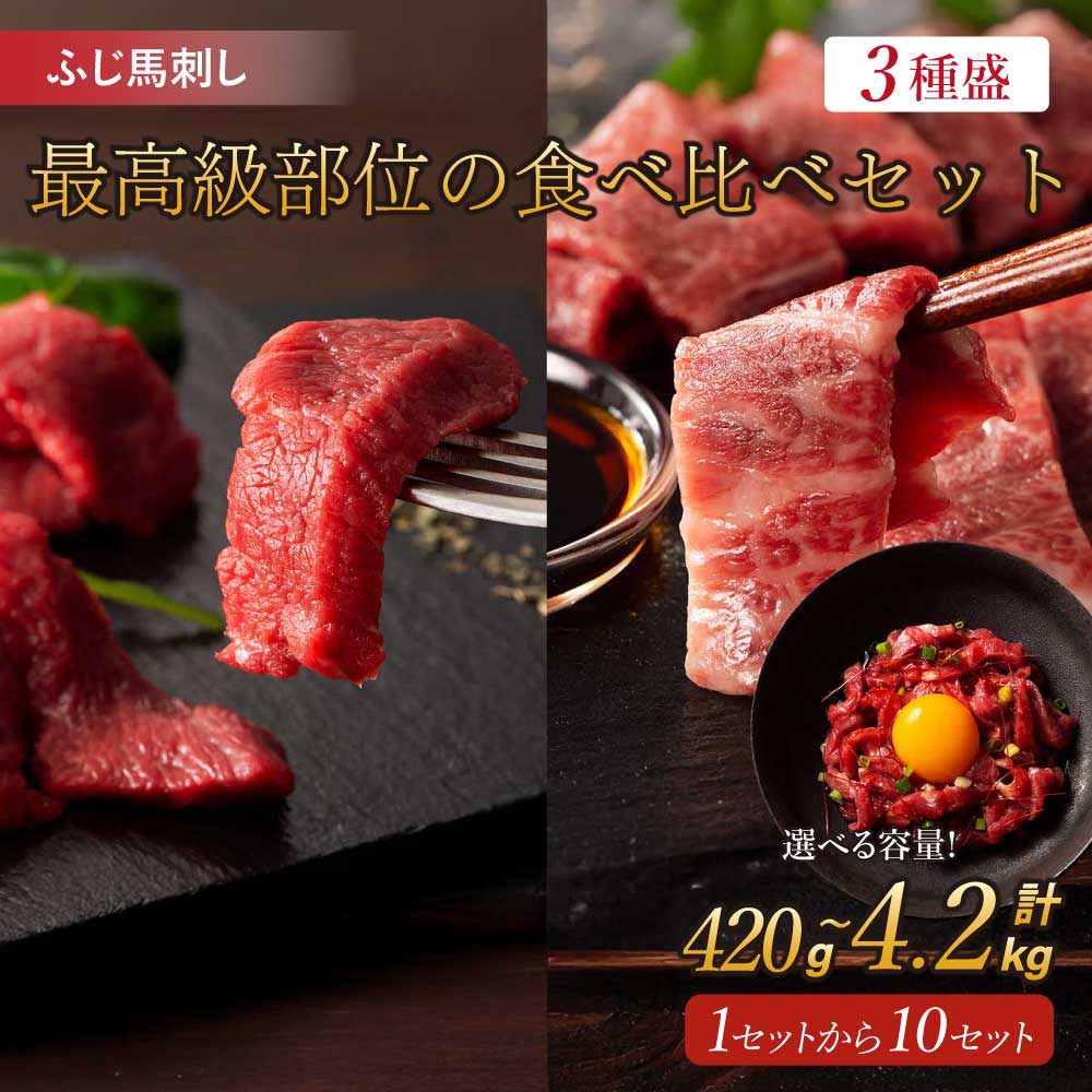 【ふるさと納税】ふじ馬刺し 最高級部位の食べ比べセット 3種 【選べる容量】合計 約420g〜4,200g （メン・ヒレ・ユッケ・馬刺しのたれ・生姜・ユッケのたれ） フジチク 詰め合わせ 熊本 馬刺 馬肉 ばさし 冷凍 送料無料