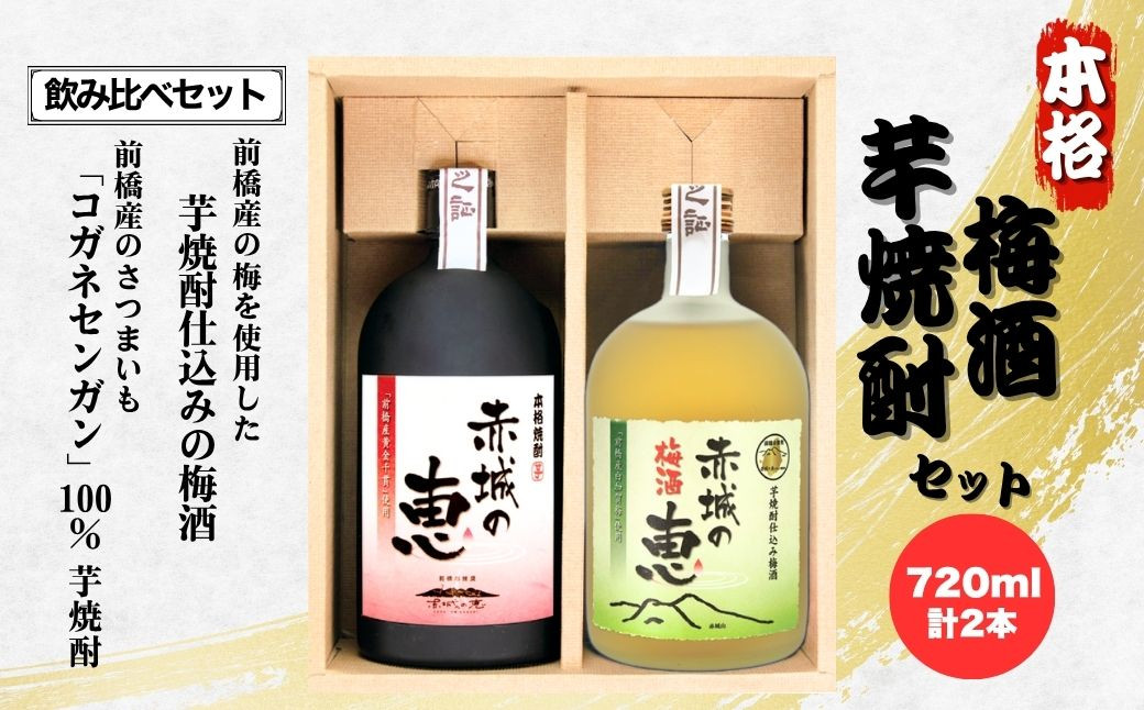 
                  赤城の恵 芋焼酎25° (720mlボトル×1本)･赤城の恵 梅酒14° (720mlボトル×1本) セット | 酒 お酒 アルコール 焼酎 芋焼酎 赤城の恵 群馬焼酎 本格焼酎 国産焼酎 焼酎セット 地酒 前橋産 黄金千貫 さつまいも 焼酎ギフト 梅酒 うめ酒 本格梅酒 リキュール 還暦祝い 家飲み お湯割り ロック お取り寄せ 群馬県 前橋市
                