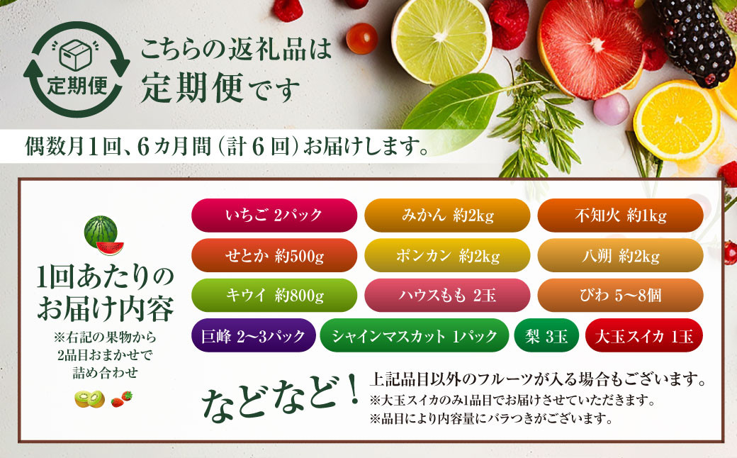 【年6回定期便(偶数月配送)】旬のフルーツ定期便 食べ比べセット 季節により厳選した果物を2品目詰め合わせ 果物 くだもの