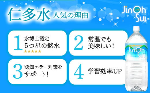 仁多水が人気の理由　1.水博士認定５つ星の銘水　2.常温でも美味しい　3.認知エラー対策をサポート　4.学習効率UP