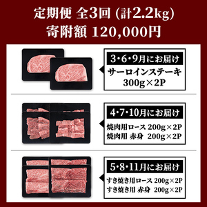 s717  ＜定期便・全3回＞鹿児島県産 北さつま高崎牛 プレミアムセット (合計約2.2kg)  黒毛和牛 牛肉 A5ランク A5等級 ステーキ サーロイン 霜降り サシ 赤身 すきやき すき焼き 