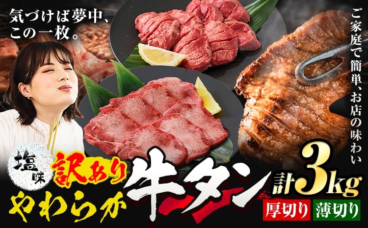 
                  牛タン 厚切り 薄切り セット 塩味 3kg 500g×各3袋 《30日以内に出荷予定(土日祝除く)》 牛肉 肉 牛 たん タン 牛たん 焼くだけ 訳あり 焼肉 焼き肉 熊本県 山江村 薄切り BBQ タン下 塩牛タン 冷凍 味付け肉 一番人気 塩味 お取り寄せ 生活応援企画
                