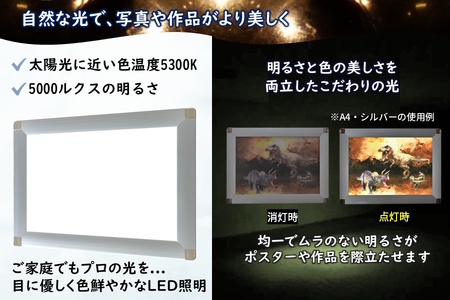 LEDパネル A4 ゴールド 照度5,000lx ラクライト ピュアRタイプ LEDポスターフレーム 前開き式アルミフレーム 超薄型 6mm導光板 高輝度 省エネ