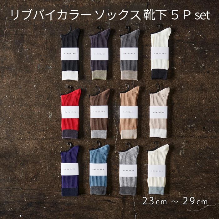 【ふるさと納税】リブバイカラー ソックス 靴下 5P set【23cm～29cm】HARUSAKU ハルサク リブ バイカラー カジュアル シンプル ソックス 通勤 通学 スタイル プチプラ 組み合わせ セット かわいい 奈良県 奈良市 なら