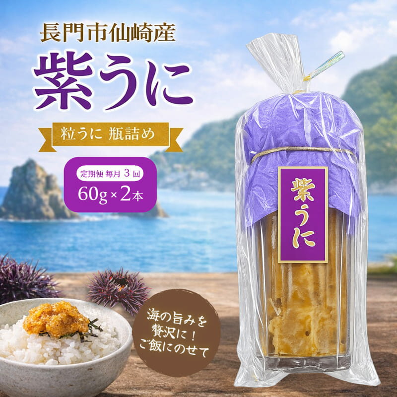 【ふるさと納税】 瓶詰めウニ 天然 うに ムラサキウニ 黒ウニ 地物 国産 山口県産 長門産 最高級 60g 2本 定期便 毎月配送 3回 長門市 (1617)