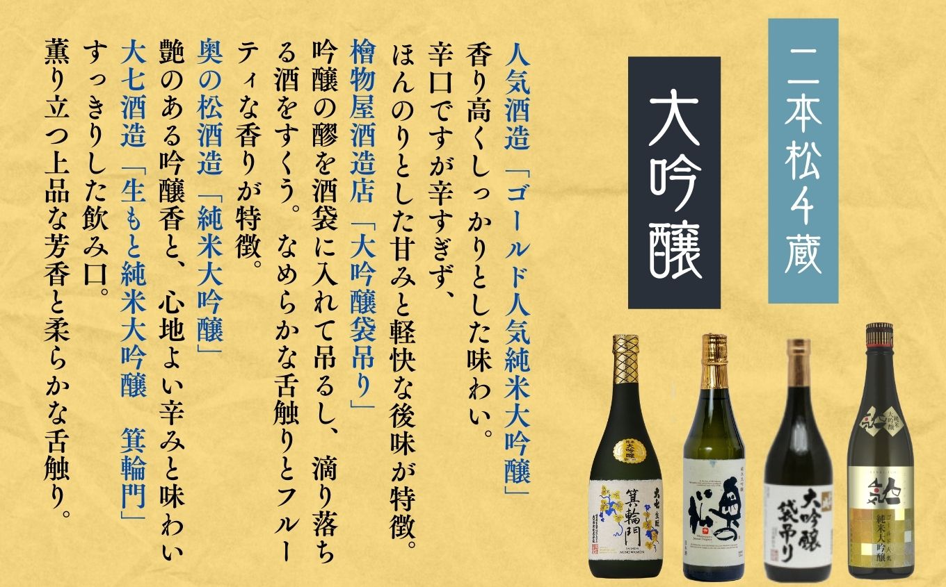 二本松の大吟醸詰合せ 大七酒造「箕輪門」奥の松酒造「純米」檜物屋酒造店「袋吊り」人気酒造「人気ゴールド人気」720ml×4種 【道の駅安達】