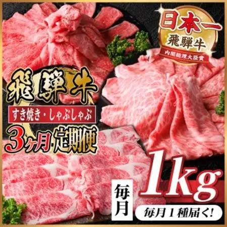 【毎月定期便】飛騨牛 すき焼き・しゃぶしゃぶ用 定期便 1kg 全3回【配送不可地域：離島】【4072496】