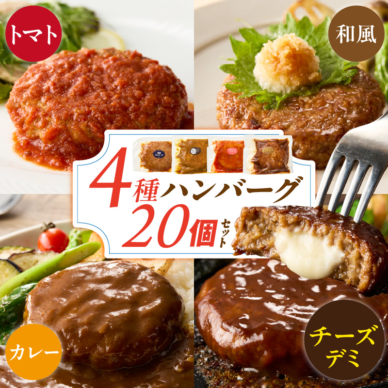 ハンバーグ食べ比べ20個セット_4種 20個 チーズデミ 和風 トマトソース カレーソース ハンバーグ 各5個 冷凍 温めるだけ 湯煎 レンジ 電子レンジ バラエティ 個包装 小分け 食べ比べ お弁当
