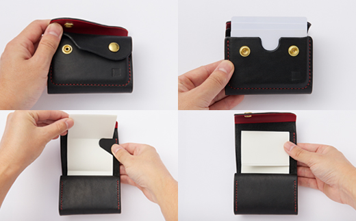 【ちっこくても使い易いミニ財布no.7】左利き黒革に赤糸　フロント2分割