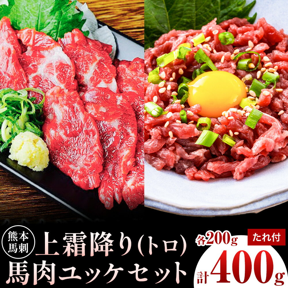 【ふるさと納税】熊本 馬刺し 上霜降り・馬肉ユッケセット 2種類 各約200g 計約400g ユッケたれ たれ 生姜付き 合同会社トライウィン《90日以内に出荷予定(土日祝除く)》熊本県 菊池市 馬刺 刺身 馬肉 上霜降り トロ ユッケ たれ付き 生姜 小分け 個包装 冷凍 送料無料