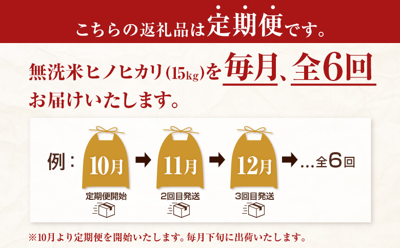 無洗米 ヒノヒカリ 15kg×6回 定期便 宮崎県都城市産 ＜単一原料米＞