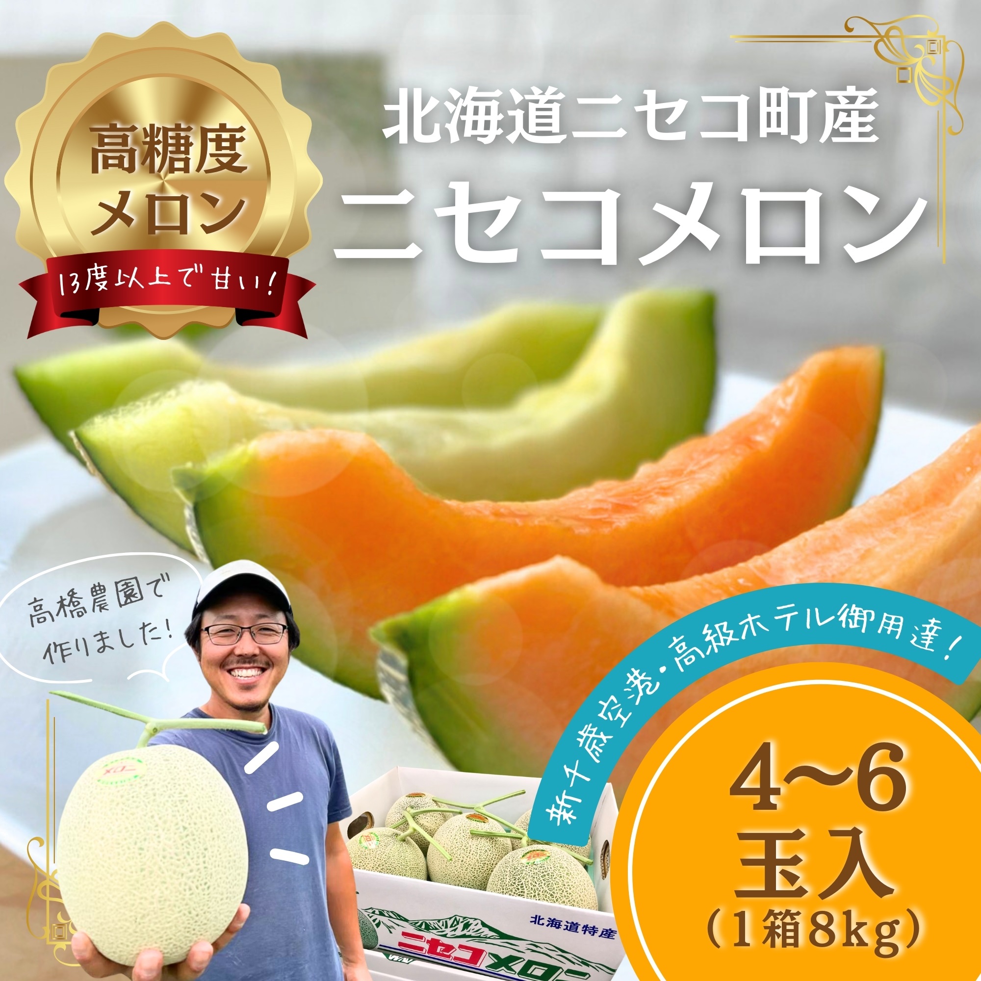 《2025年分受付中》糖度13度以上!市場には出回らない北海道ニセコメロン4～6玉（1箱8kg）/高橋農園【37003】