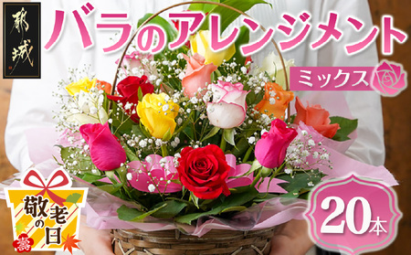 【敬老の日】バラのアレンジメント20本(ミックス)≪9月11日～15日お届け≫_17-3302-KG_(都城市) フラワーアレンジメント バラ20本と季節の花 カスミソウ ブルーファンタジア スイートピー等 矢野バラ園 贈り物 プレゼント