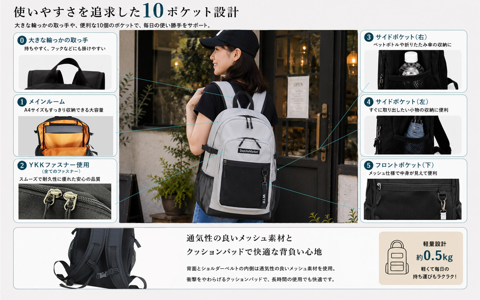 撥水、軽量、ポケット多数、ボックスロゴがお洒落な 10ポケット 24L ペールグレー WZ013-4
