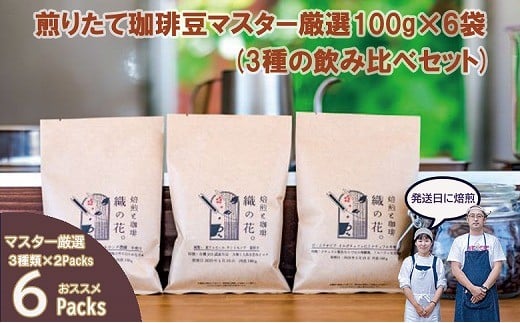 煎りたて珈琲豆おススメ100g×6袋（3種類の飲み比べセット）（045_5002）