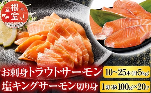 E-09009 お刺身トラウトサーモン10～25本(計5kg)＆塩キングサーモン切り身1切(約100g)×20P