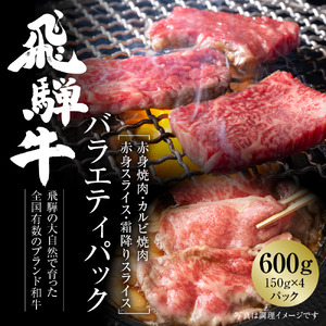 飛騨牛 バラエティパック 焼肉(赤身/カルビ) ・スライス(赤身/霜降り) 600g（150g×４種各1パック） 冷凍真空パック | 肉 食べ比べ すきやき しゃぶしゃぶ 黒毛和牛 和牛 個包装 小分け 人気 おすすめ 牛肉 ギフト 7日以内お届け[S846]