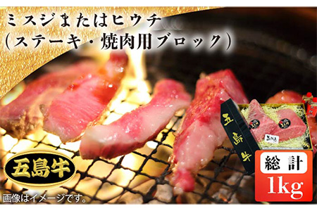 【日時指定必須】五島 牛 ミスジ または ヒウチ （ ステーキ ・ 焼肉用 ブロック ）約1kg  五島市/鬼岳牧場  [PEK031] 国産牛 牛肉 ブランド牛 セット ソース付