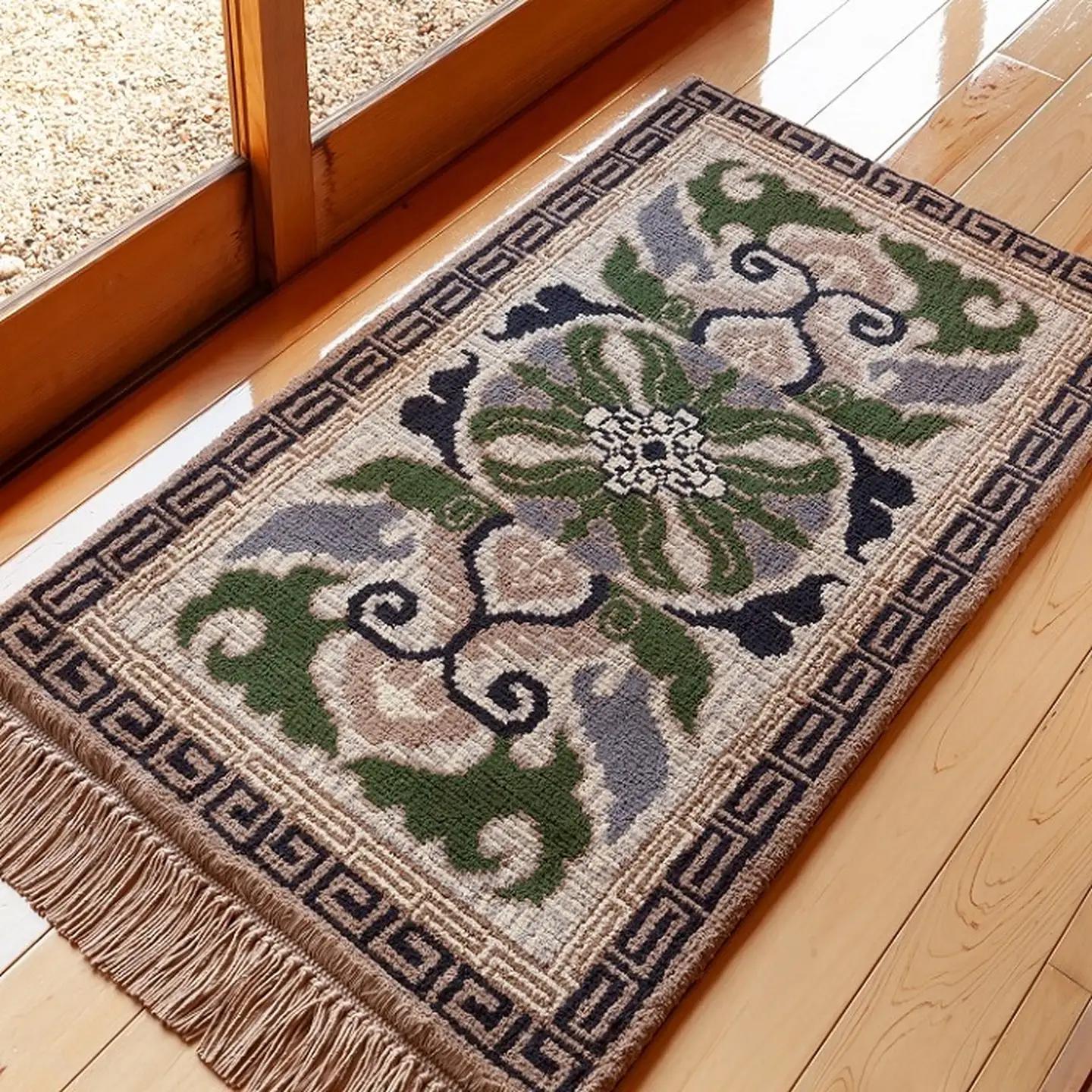 鍋島緞通[手織]蟹牡丹紗綾形地縁二重雷文/灰地青 70×120cm：C812-010